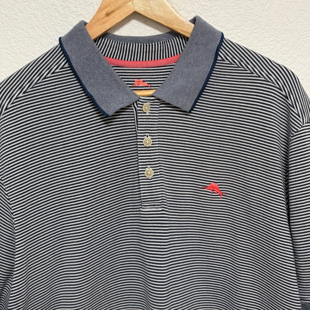Tommy Bahama Mens XL Polo Shirt Navy Blue White Striped Marlin Logo Short Sleeve - Picture 3 of 6
